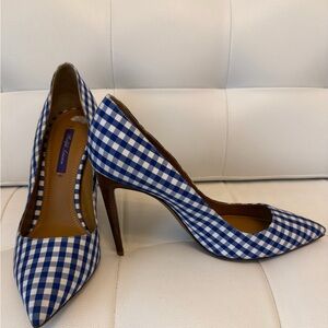 Ralph Lauren Purple Label Collection Blue White Checkered Heels Sz EU 41